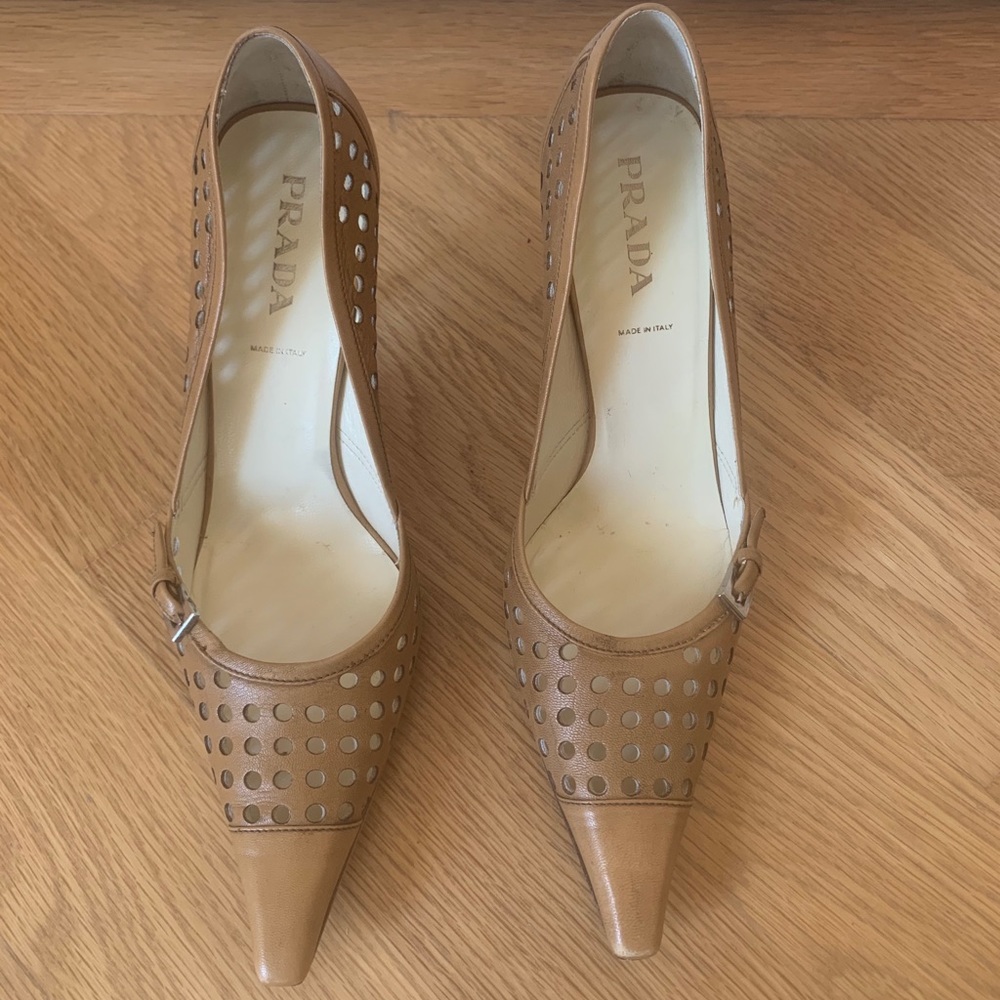 Prada Tan Leather Pointed Toe Heels with Perforated Detailing